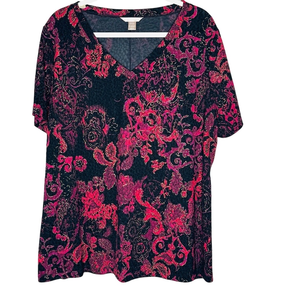 White Stag Womens VNeck Pullover Top‎ Sz 2X Dark Floral Whimsigoth Fairy Holiday